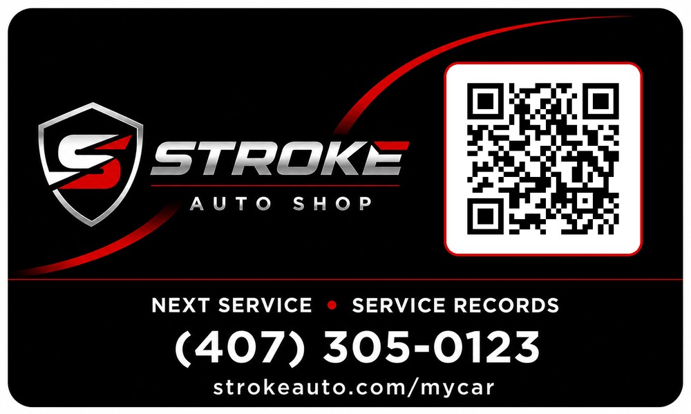 Stroke Auto service label with QR code linking to the customer portal